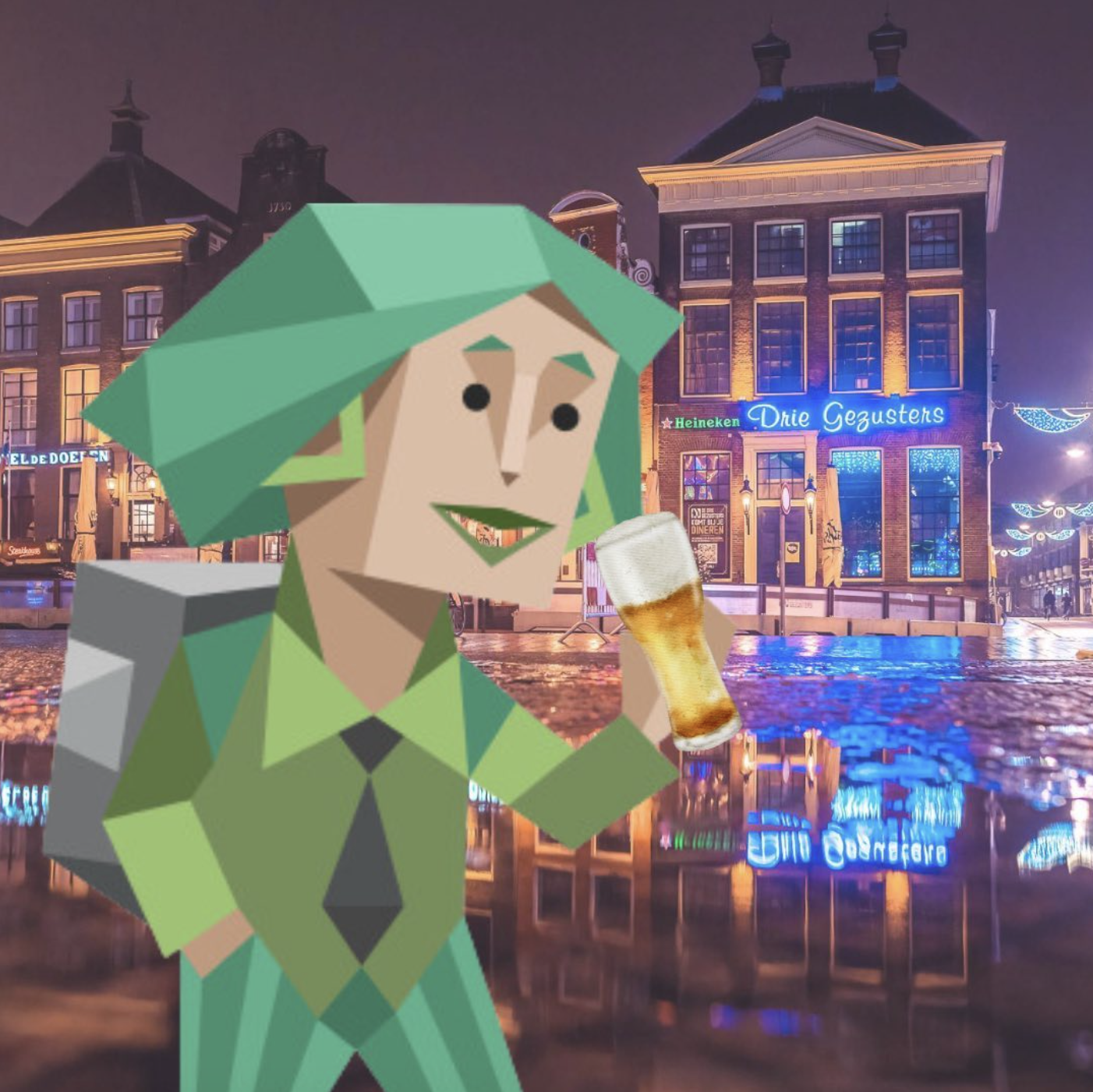 Afbeelding van een geometrisch personage in een stad Groningen